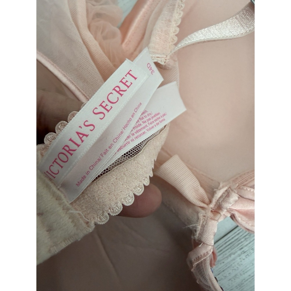 Victoria's Secret Sexy Babydoll Lingerie Sz 34D Peach Color Tulle Rhinestone Bow - Picture 7 of 7